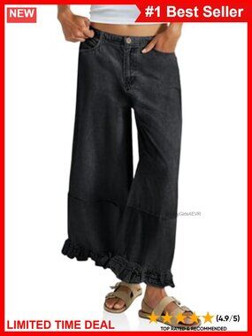 Womens High Rise Wide Leg Crop Jeans Ruffle Hem Elastic Waist